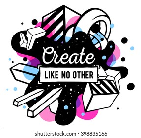 Vector illustration of colorful pink and blue abstract composition with frame and black quote isolated on white background. Line art design for web, site, banner, poster, card, paper print, t-shirt.