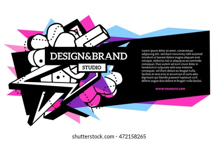 Vector illustration of colorful pink and blue abstract composition with black frame, header, text on white background. Line art flat style horizontal template design for web, site, banner, poster