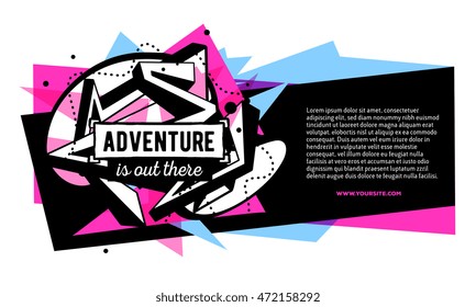 Vector illustration of colorful pink and blue abstract composition with black frame, header, text on white background. Line art flat style horizontal template design for web, site, banner, poster