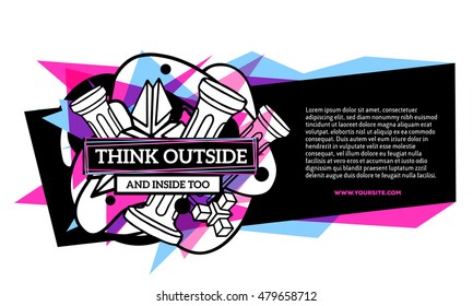 Vector illustration of colorful pink and blue abstract composition with black frame, header, text on white background. Line art horizontal flat style template design for web, site, banner, poster