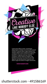 Vector illustration of colorful pink and blue abstract composition with black frame, header, text on white background. Line art vertical flat style template design for web, site, banner, poster