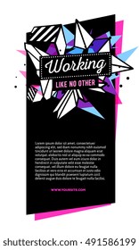 Vector illustration of colorful pink and blue abstract composition with black frame, header, text on white background. Line art vertical flat style template design for web, site, banner, poster