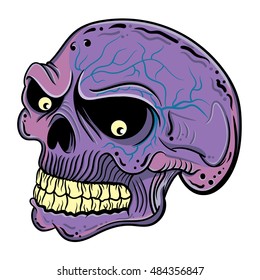 Vector illustration of a colorful pink and purple creepy skeleton zombie skull.