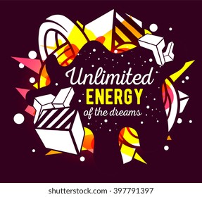 Vector illustration of colorful pink and yellow abstract composition with white text on dark background. Line art design for web, site, banner, poster, board, card, paper print, t-shirt.