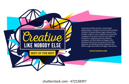 Vector illustration of colorful pink and yellow abstract composition with dark blue frame, header, text on white background. Line art flat style horizontal template design for web, banner, poster