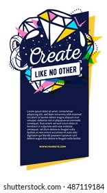 Vector illustration of colorful pink and yellow abstract composition with dark blue frame, header, text on white background. Line art flat style vertical template design for web, site, banner, poster
