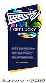 Vector illustration of colorful pink and yellow abstract composition with dark blue frame, header, text on white background. Line art flat style vertical template design for web, site, banner, poster