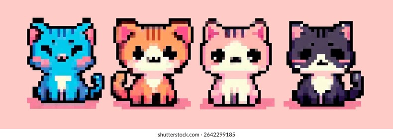Vector Illustration of colorful pixel art kittens on a pastel pink background, in trendy kawaii-pixel style. Blue, orange, pink, and black shades, blocky square shapes, playful and bright look.