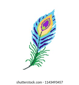 Vector illustration of Colorful  Pixel Peacock Feather. Janmashtami.