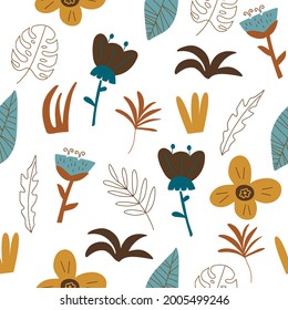 vector illustration with colorful plants, pattern. Creative Scandinavian style texture for fabric, packaging, textile, wallpaper, apparel.