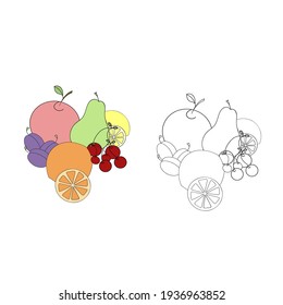 A vector illustration of colorful plums, cherries, pears, apples, oranges, lemons, citrus slices isolated on white background. A design element for prints, backgrounds, as a coloring page
