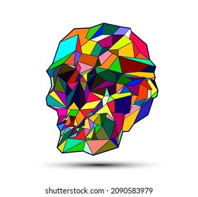 Vector illustration of colorful polygonal mesh in the shape of a skull isolated on white background.