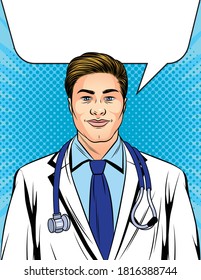 Vector illustration colorful pop art style. Portrait of a male doctor in white uniform. Doctor with a stethoscope around his neck. Medical institution banner