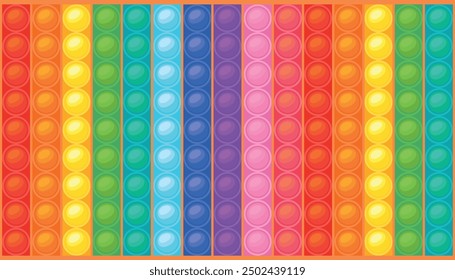 Vector illustration of colorful pop it background.Cartoon scene of a beautiful button toy anti-stress pop-it. Pop-it with bubbles for children and adults. Red, orange, yellow, green,blue, purple,pink.