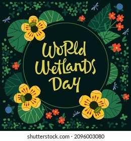 Vector illustration of colorful postcard for World Wetlands Day in round shaped frame with water lily flowers on green background