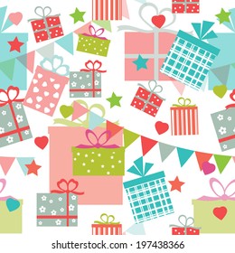 Vector illustration of colorful present boxes. Flat design. Seamless pattern