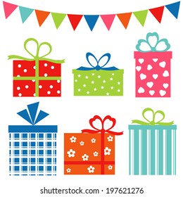 Vector illustration of colorful present boxes. Flat design