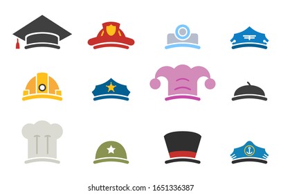 Vector illustration of colorful professions hats icons.
