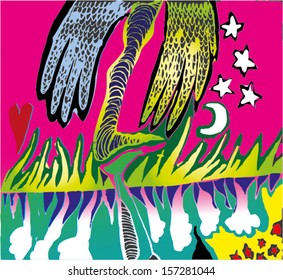 Vector illustration of colorful psychedelic surrealism childish drawing. Leg, stars, moon, wings, monster. Hand drawn.