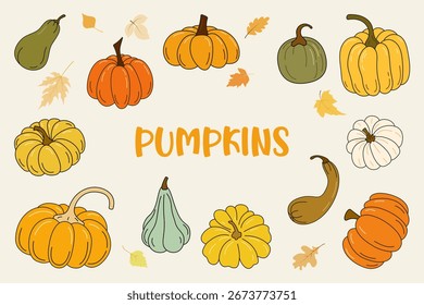 Ilustración vectorial de calabazas de colores y calabazas con hojas de otoño. Perfecto para temas de cosecha de otoño, Acción de Gracias, diseño de Halloween, decoración de temporada, carteles e invitaciones.