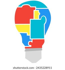 Vector illustration of a colorful puzzle in the shape of a light bulb on a white background