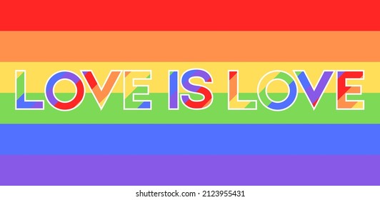 Vector Illustration of colorful rainbow flag with text love is love, pride banner of LGBTQ - Lesbian, gay, bisexual, transgender, Queer organization. June is celebrated as the Pride month and parades.