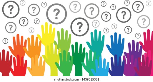 vector illustration of colorful rainbow hands raised in the air and question marks for equality tolerance and human rights problems