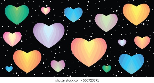 vector illustration of colorful rainbow spectrum hearts for cosmic love concepts on dark sky background  for Valentines Day design 