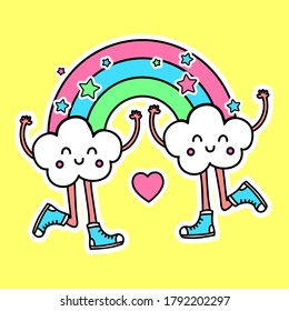 VECTOR ILLUSTRATION OF A COLORFUL RAINBOW WITH STARS AND CLOUDS, ILLUSTRATION OF A HAPPY CLOUDS WITH SNEAKERS, SLOGAN PRINT
