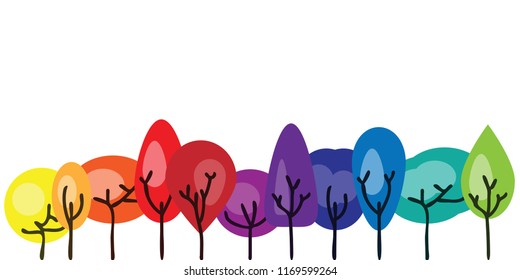 vector illustration of colorful rainbow trees in a row for natural ecological plant decoration or backdrop