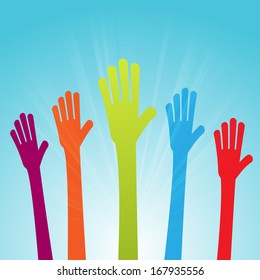 Vector illustration of colorful raised hands voicing colorful opinions.