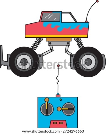 Vector illustration of a colorful RC monster truck with big wheels and suspension, including a blue remote control transmitter, isolated on a white background.