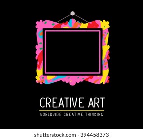 Vector illustration of colorful rectangular frame in modern style with colorful spots on black background and text. Art design for web, site, advertising, banner, poster,  board, card, paper print.