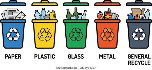 Vector illustration of colorful recycle bins categorized for paper, plastic, glass, metal, and general waste sorting and ecological management