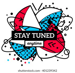 Vector illustration of colorful red and blue abstract composition with black frame and text isolated on white background. Line art design for web, site, banner, poster, card, paper print, t-shirt.