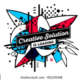 Vector illustration of colorful red and blue abstract composition with black frame and text isolated on white background. Line art design for web, site, banner, poster, card, paper print, t-shirt.