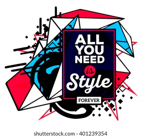 Vector illustration of colorful red and blue abstract composition with black frame and text isolated on white background. Line art design for web, site, banner, poster, card, paper print, t-shirt.