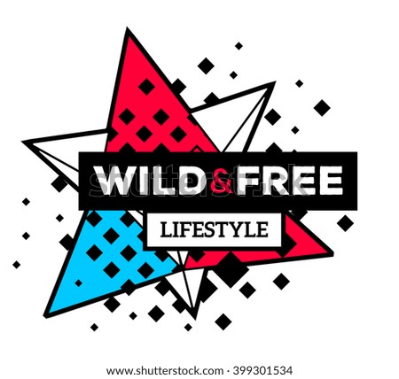 Vector illustration of colorful red and blue abstract composition with black frame and text isolated on white background. Line art design for web, site, banner, poster, card, paper print, t-shirt.