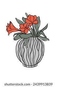 Vector illustration - colorful red freesia flowers in vase. Art for for prints, wall art, banner, background