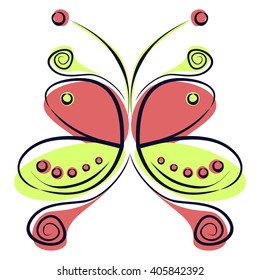 Vector illustration of colorful red and green cartoon butterfly, isolated on the white background  Series of Animals and Insects Illustrations.