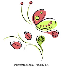 Vector illustration of colorful red and green cartoon butterfly and roses with leaves, isolated on the white background  Series of Animals and Insects Illustrations.
