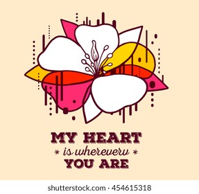 Vector illustration of colorful red and white abstract composition with flower and black text on yellow background. Line art flat design for web, site, poster, greeting card, t-shirt, print