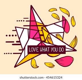 Vector illustration of colorful red and white abstract composition with flower petals and text in a black frame on yellow background. Line art flat design for web, site, poster, greeting card, t-shirt