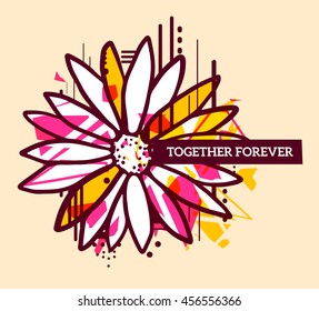 Vector illustration of colorful red and white abstract composition with flower and text in a black frame on yellow background. Line art flat design for web, site, poster, greeting card, t-shirt, print