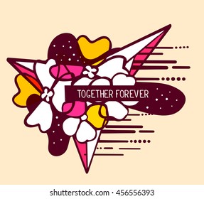 Vector illustration of colorful red and white abstract composition with flower and text together forever in black frame on yellow background. Flat line art design for web, site, poster, greeting card