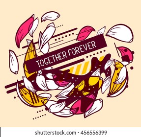 Vector illustration of colorful red and white abstract composition with flower petals and text in a black frame on yellow background. Line art flat design for web, site, poster, greeting card, t-shirt