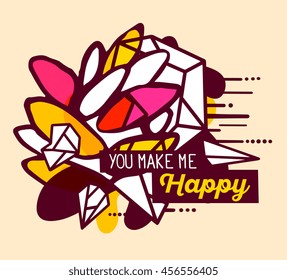 Vector illustration of colorful red and white abstract composition with flower and text you make me happy in black frame on yellow background. Flat line art design for web, site, poster, card, t-shirt