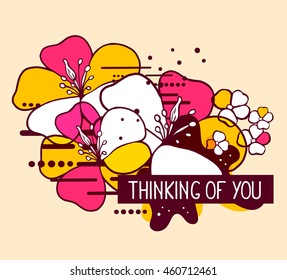 Vector illustration of colorful red and white abstract composition with flower and text thinking of you in a black frame on yellow background. Flat line art design for web, site, poster, greeting card