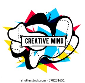 Vector illustration of colorful red, yellow and blue abstract composition with black line frame and text isolated on white background. Line art design for web, site, poster, card, paper print, t-shirt