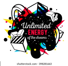 Vector illustration of colorful red, yellow and blue abstract composition with black spot and text isolated on white background. Line art design for web, site, poster, card, paper print, t-shirt.